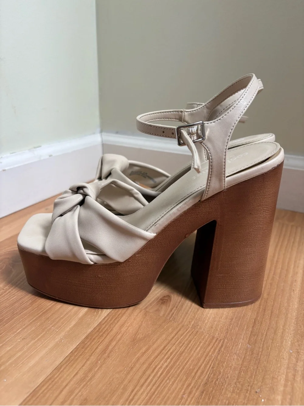 Knotted Cream Platform Block Heel Sandals with Brown Sole